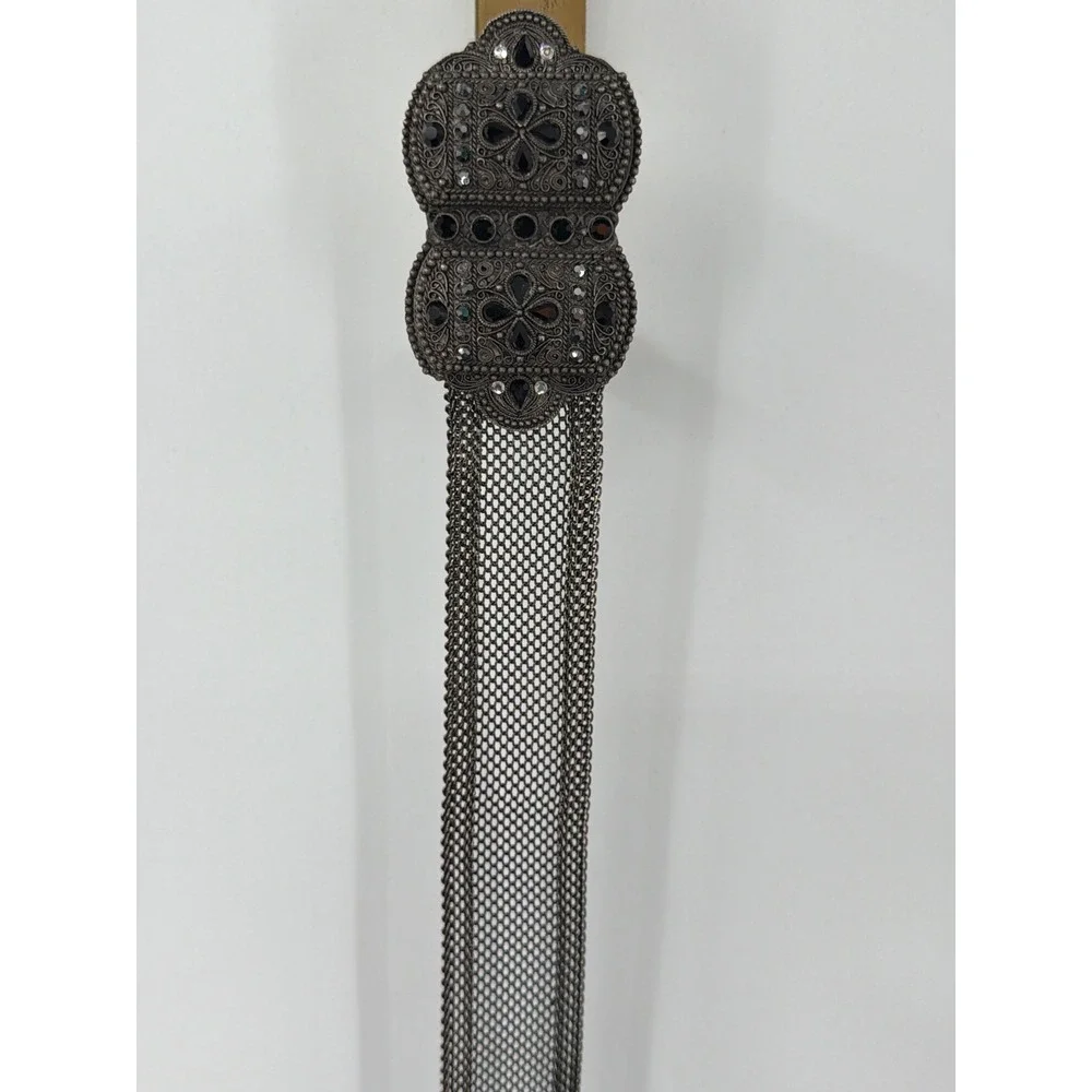 Vintage Gunmetal Mesh Belt Ornate Rhinestone Buckle Gothic Statement Accessory